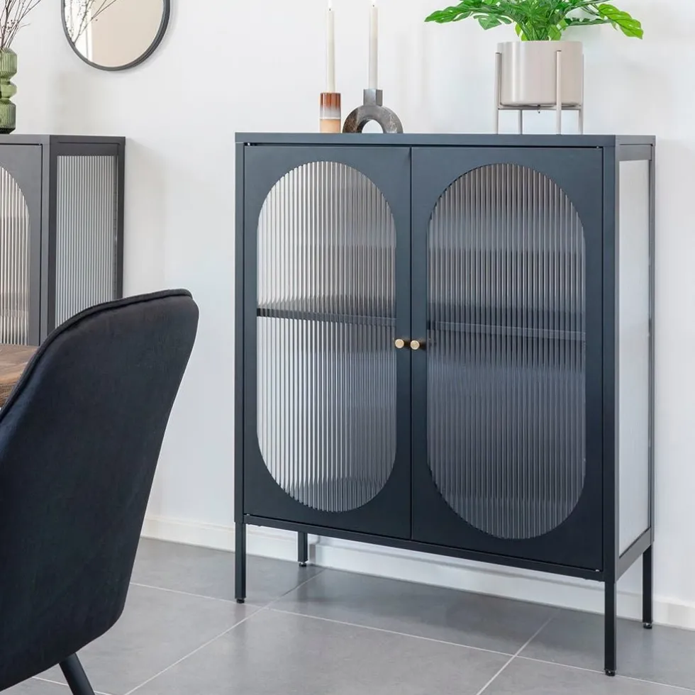 Adelaide vitrineskap rillet glass sort 90 x 35 x 120cm
