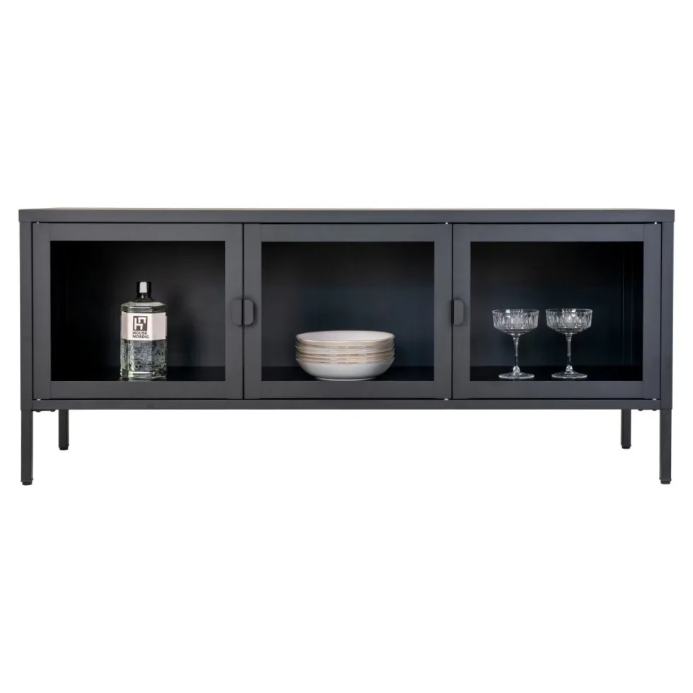 Brisbane TV-benk 3 glassdører sort stål 130x40x55 cm