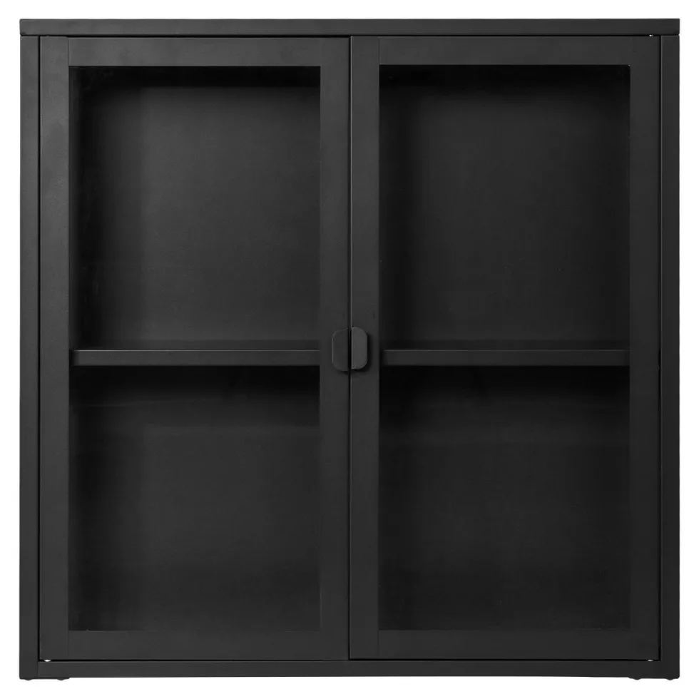 Brisbane vegghengt vitrineskap 2 glassdører sort stål 80 x 18 x 80 cm
