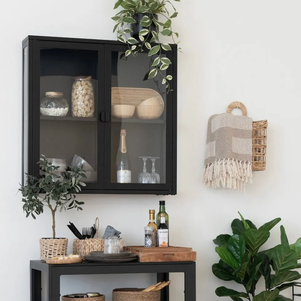 Brisbane vegghengt vitrineskap 2 glassdører sort stål 80 x 18 x 80 cm