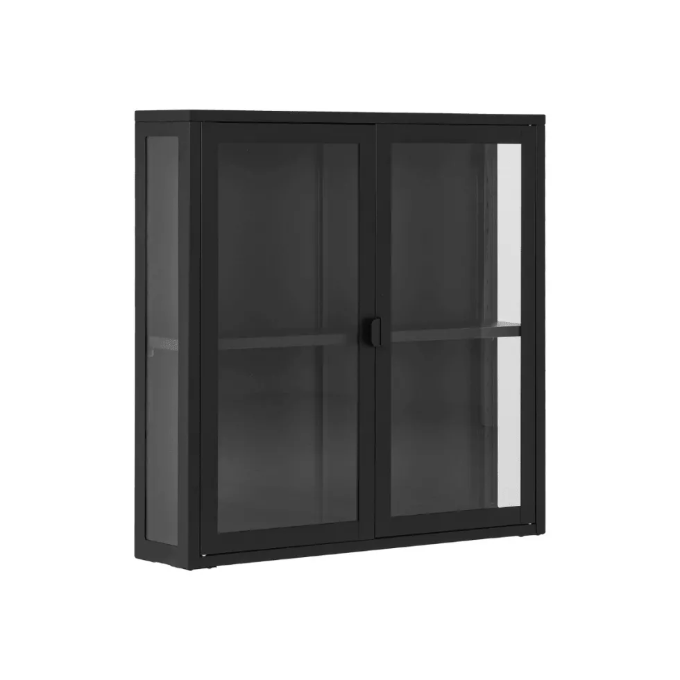 Brisbane vegghengt vitrineskap 2 glassdører sort stål 80 x 18 x 80 cm