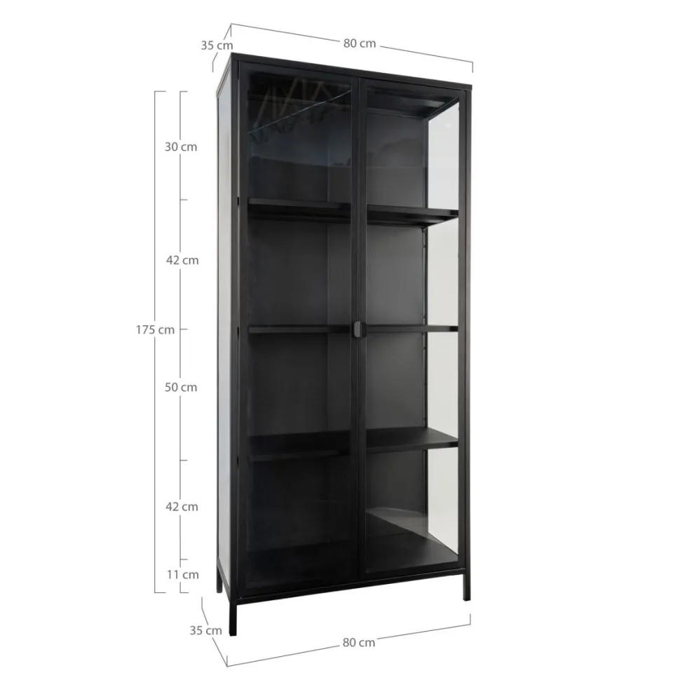 Brisbane vitrineskap 2 glassdører sort stål 80 x 35 x 175 cm