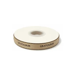 Gavebånd Gratulerer beige med sort tekst 10 mm