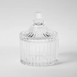 Glasskrukke stripet med lokk 6,5 x 9 cm