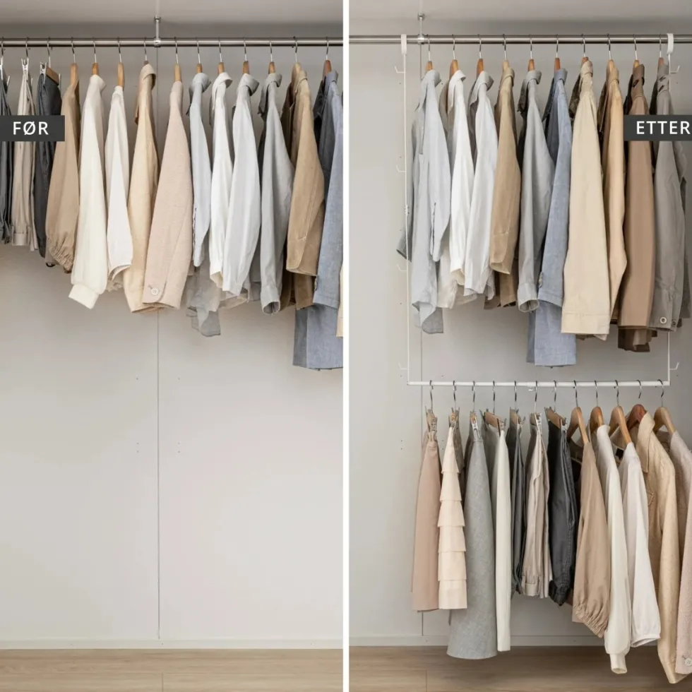 Justerbart klesstativ for garderobe med kroker