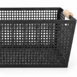 Oppbevaringskurv med håndtak i sort metall og tre 38 x 26 x 14 cm