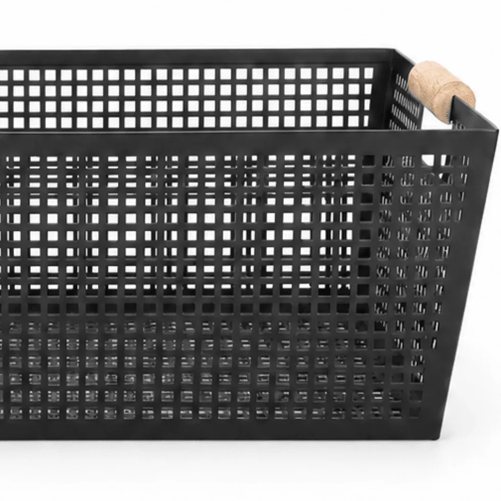 Oppbevaringskurv med håndtak i sort metall og tre 38 x 26 x 14 cm