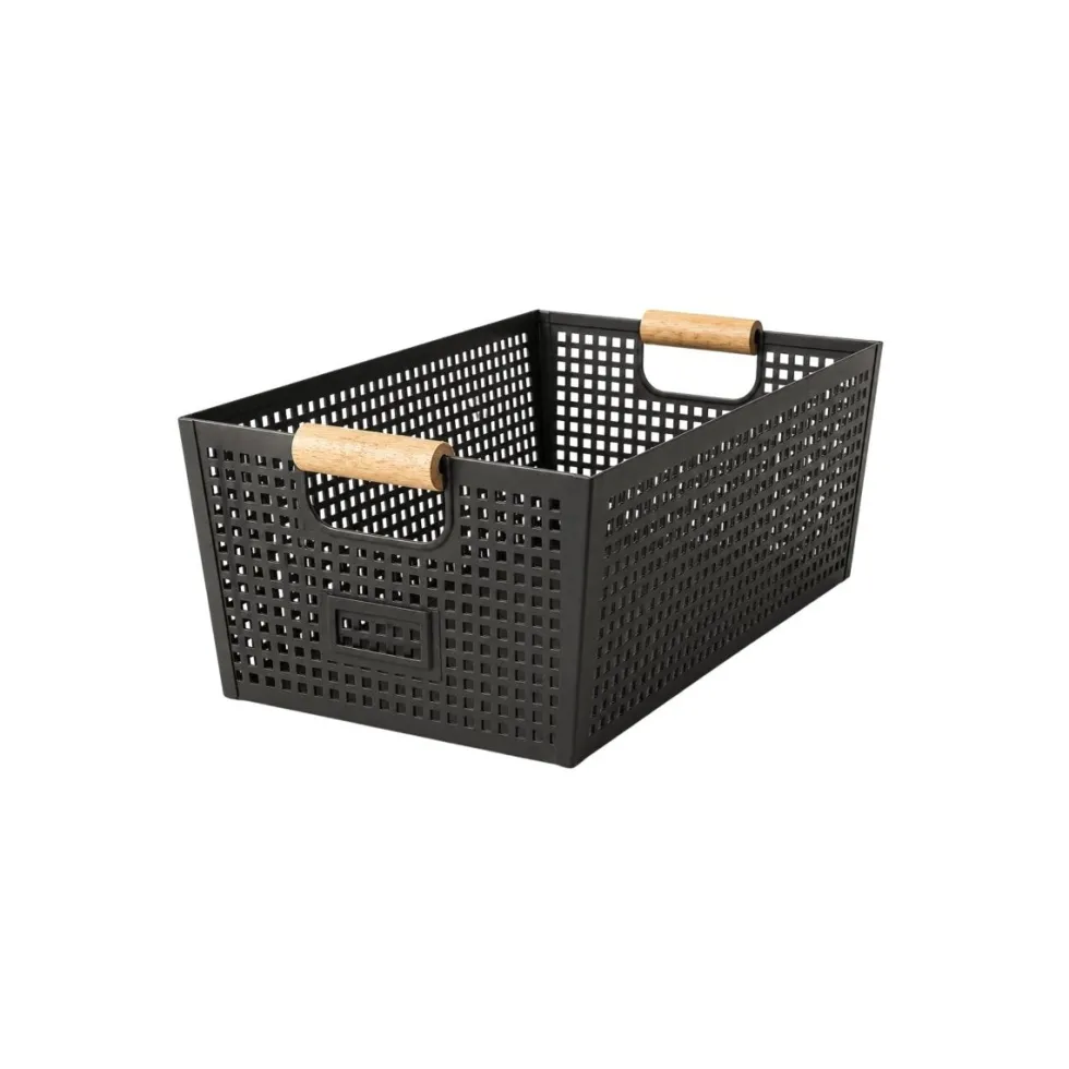 Oppbevaringskurv med håndtak i sort metall og tre 38 x 26 x 14 cm