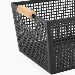 Oppbevaringskurv med håndtak i sort metall og tre 38 x 26 x 14 cm