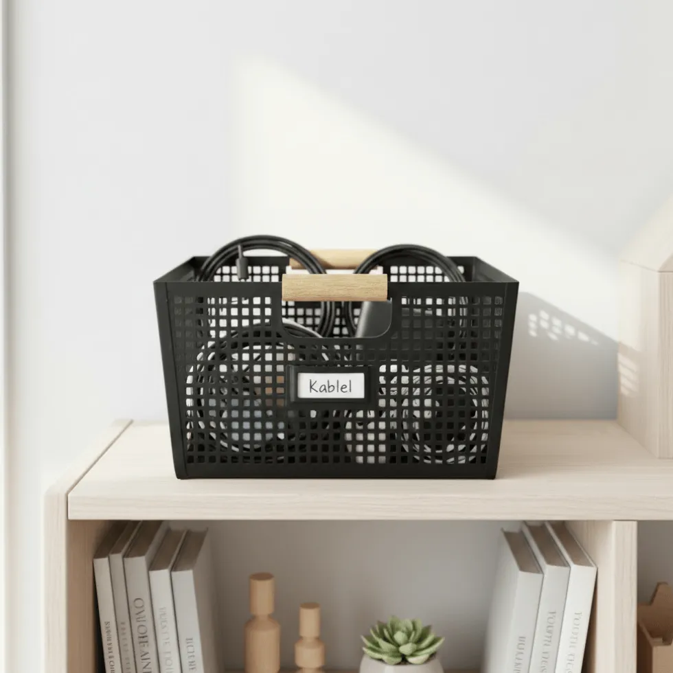 Oppbevaringskurv med håndtak i sort metall og tre 38 x 26 x 14 cm