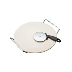 Pizzastein i keramikk med serveringsstativ og pizzahjul 33 cm