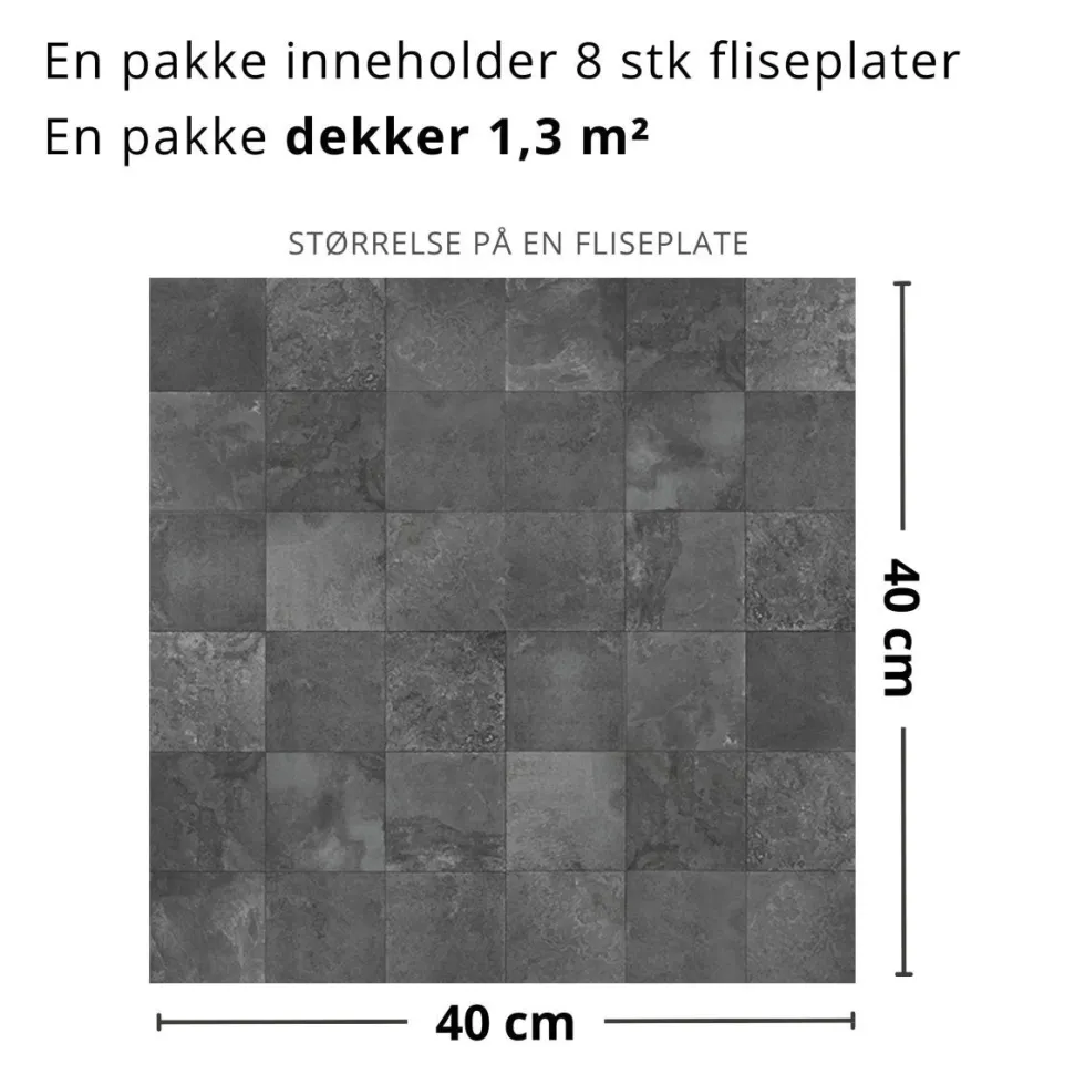 8-pk Bodø mørkegrå selvklebende fliser 40 x 40 cm