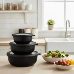 3-pk bollesett lav med lokk sort