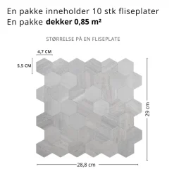 10-pk Hexagon lysegrå betong selvklebende veggfliser