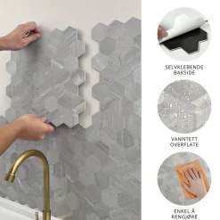 10-pk Hexagon lysegrå betong selvklebende veggfliser