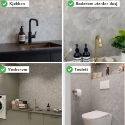 10-pk Hexagon lysegrå betong selvklebende veggfliser