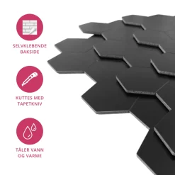 10-pk Hexagon sort matt selvklebende veggfliser