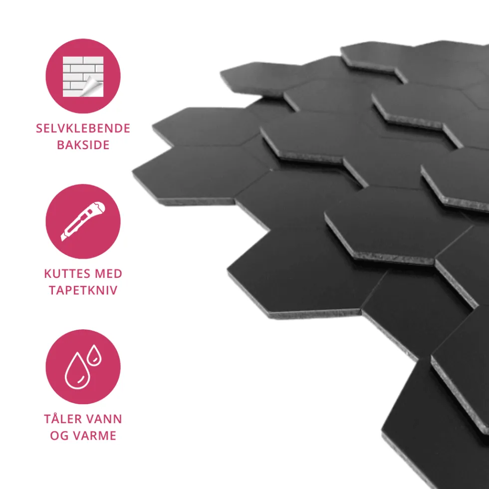 10-pk Hexagon sort matt selvklebende veggfliser