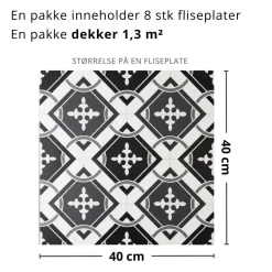 8-pk Isadora selvklebende fliser sort hvit mønster 40 x 40 cm