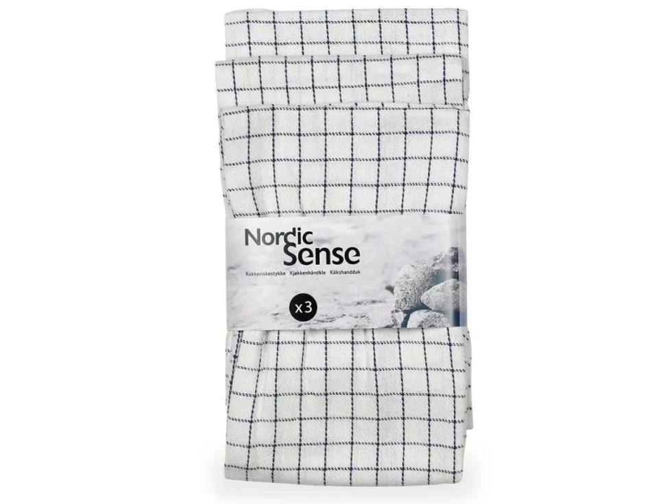 3-pk Kjøkkenhåndkle Nordic Sense hvit med blå ruter 80 x 50 cm