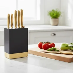 5-pk Knivsett med kniver og knivblokk i sort og messing