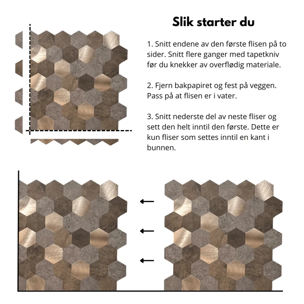 10-pk Mocca hexagon selvklebende veggfliser