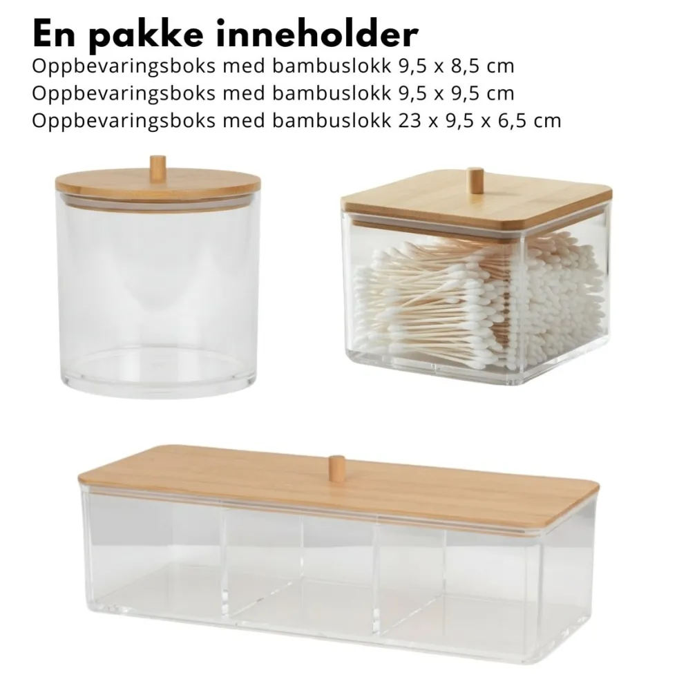 3-pk oppbevaringsbokser akryl med bambuslokk