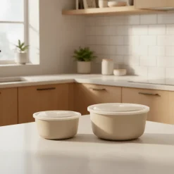 2-pk Porselenskål med lokk og ventil beige