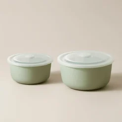 2-pk Porselenskål med lokk og ventil grønn