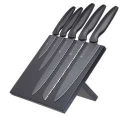 Sett med 5 kniver og magnetisk knivholder sort
