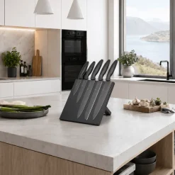 Sett med 5 kniver og magnetisk knivholder sort