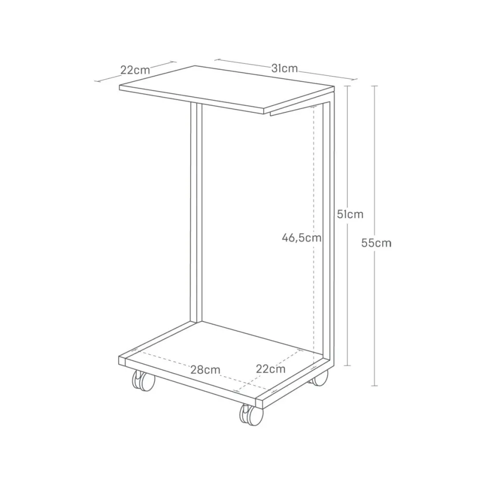 Sidebord med treplate og hjul hvit 55 x 31 cm