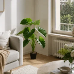 Taro kunstig plante grønn med store blader og potte 90 cm