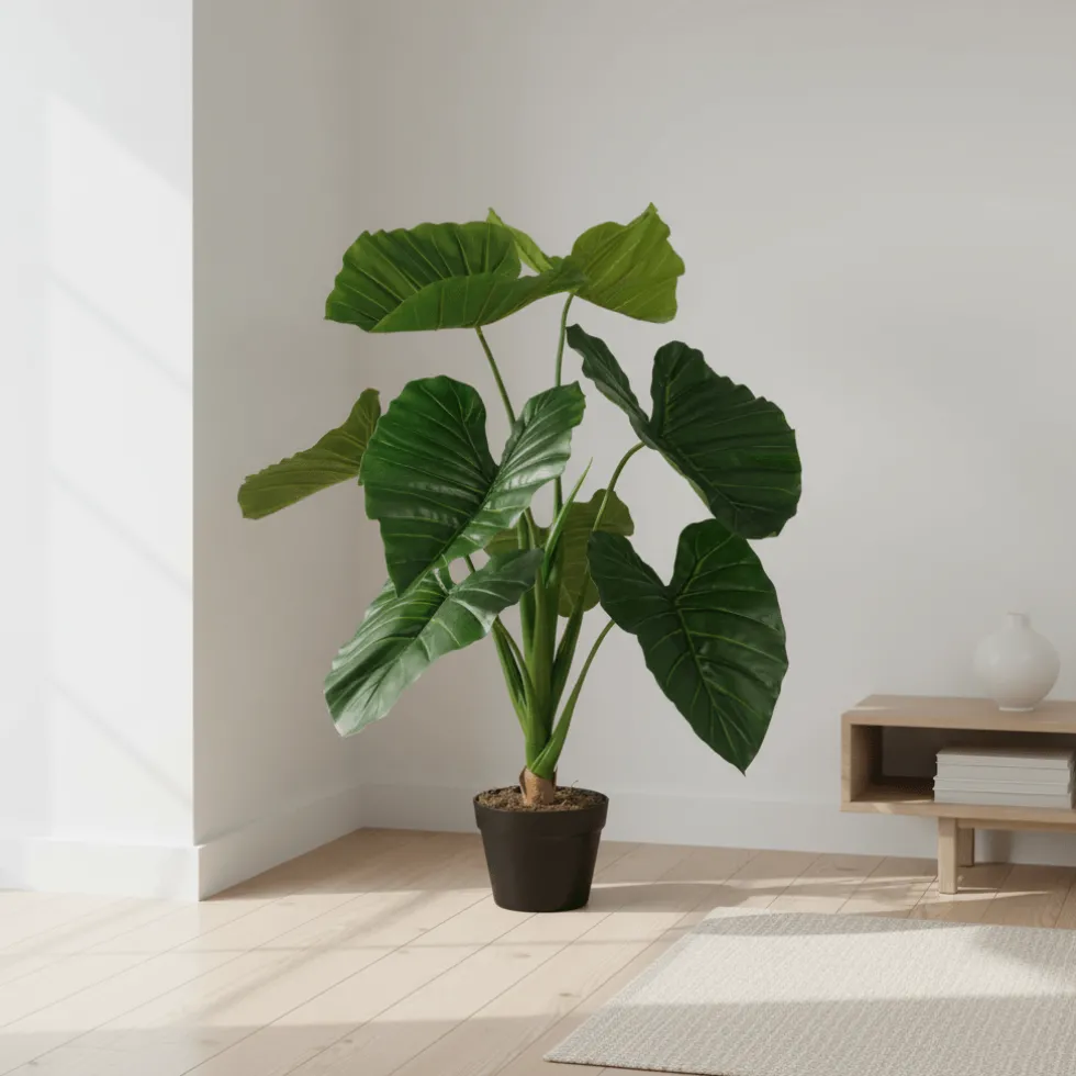 Taro kunstig plante grønn med store blader og potte 90 cm